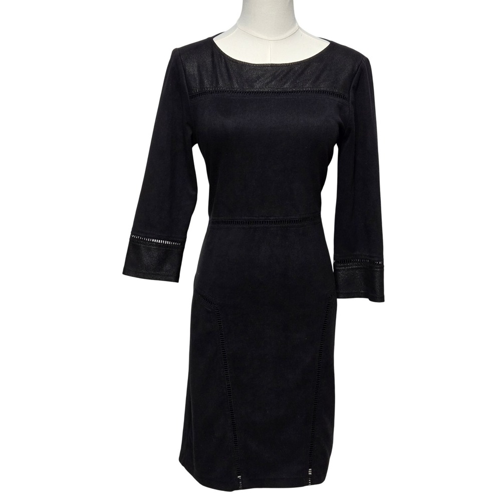 Hale Bob Dress Womens Small Black Faux Suede Sheath 3/4 Sleeve Fitted Zip Back